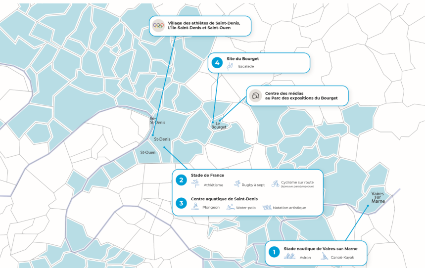 Carte des sites olympiques alimentés par le SEDIF